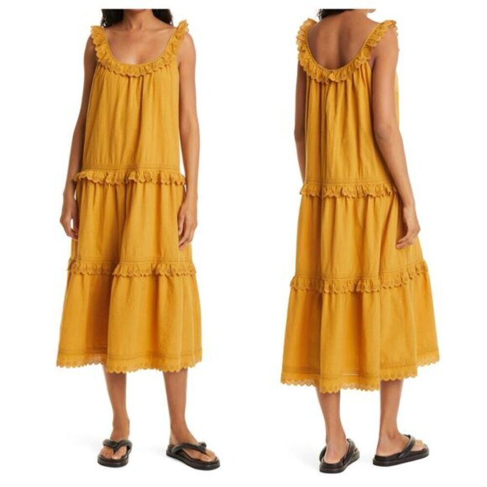 The Great "NEW" Mustard Feminine Cottagecore The Eyelet Bohemian Midi Dress *2=M